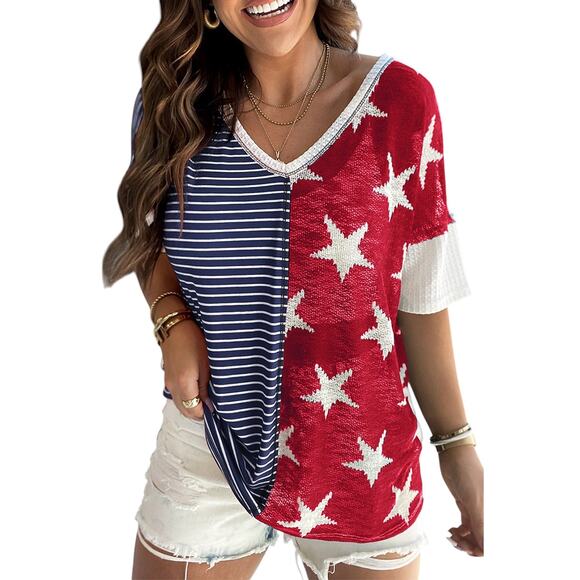 Blue Stripes Stars Print Knit Short Sleeve Patriotic Top New S, L - Picture 9 of 10